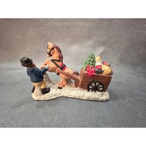 Vintage 1995 HY Ceramic Christmas Figurine Horse Drawn Toy Cart Winter Scene